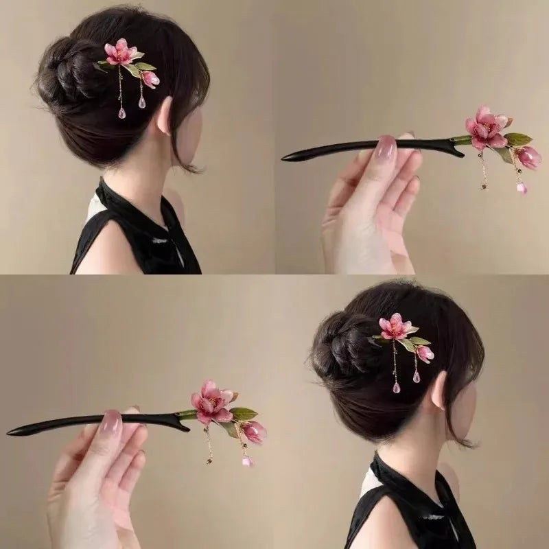 Floral Hair Stick – Chinese Style Pink Flower Tassel Hairpin Floral Hair Stick Axl