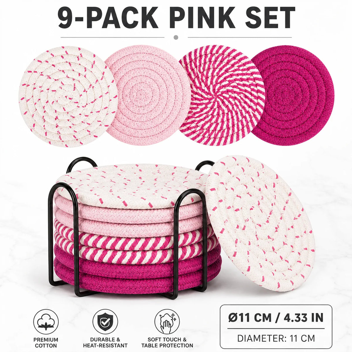9-Piece Woven Jute Placemat & Coaster Set with Holder | Boho Woven Placemat Set Axl 9-Pack Pink Set