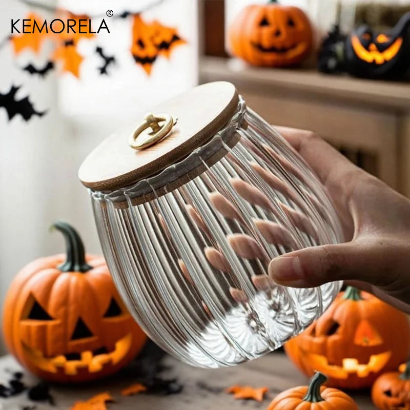 Halloween Glass Candy Jar with Airtight Wood Lid | Canister Glass Storage Jar Axl