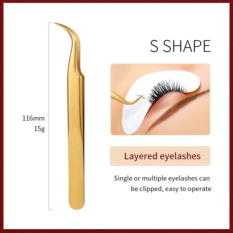 Precision 3D Lash Extension Tweezers – Stainless Steel Pro Clip Lash Extension Tweezers Axl Gold S Shape