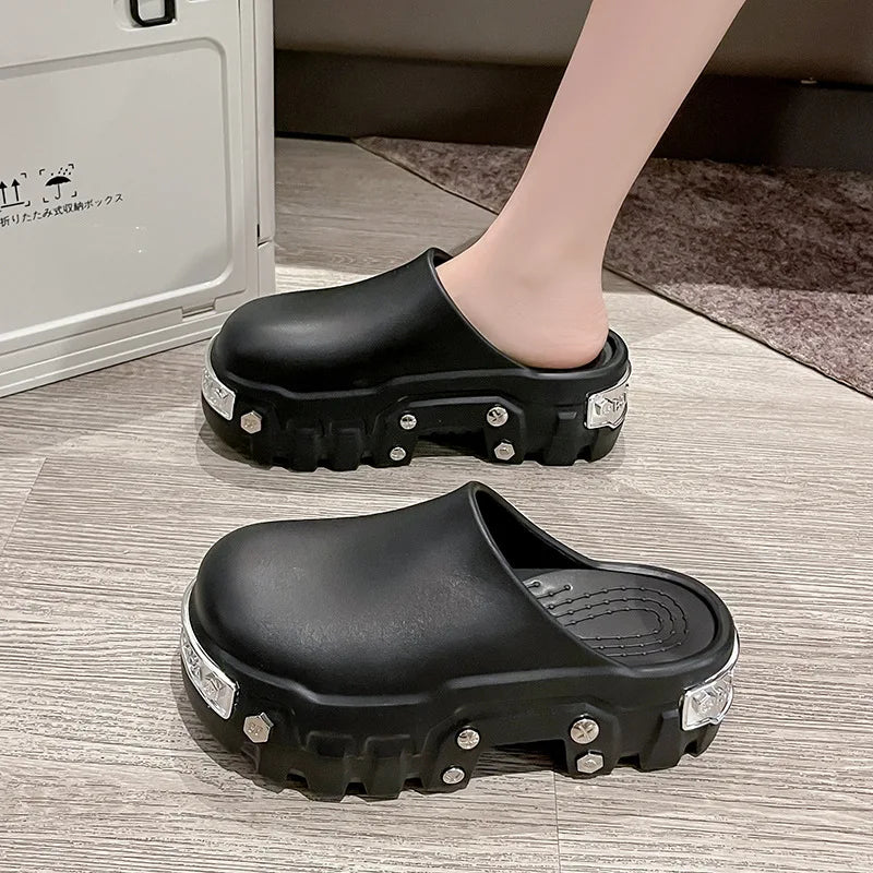 Women's Punk Rivet Platform Slippers – Thick EVA Anti-Slip Sole Platform Slippers Axl Black-03 36-37