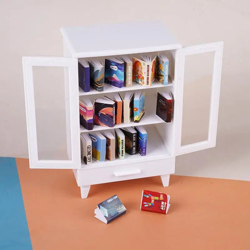 Miniature Dollhouse Cabinet Set with 20 Books | 1:6 & 1:12 Scale Dollhouse Furniture Set Axl