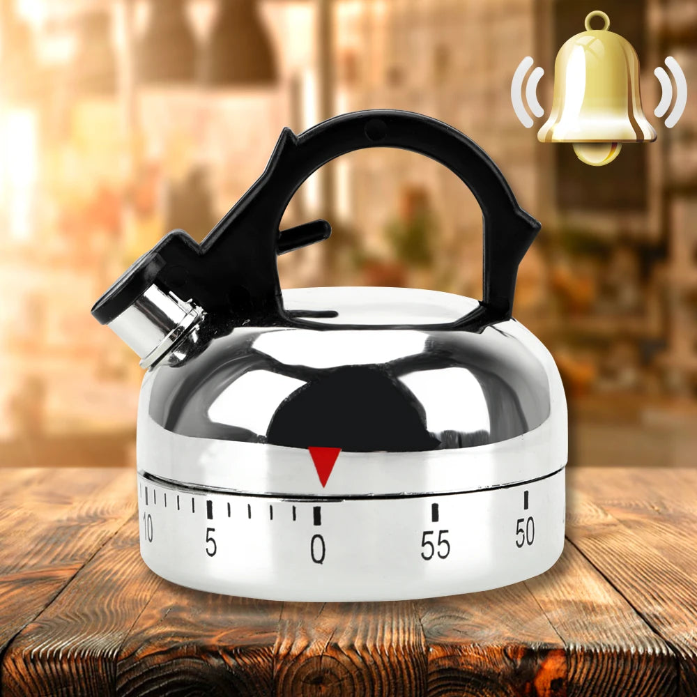 NICEYARD 60-Min Mechanical Kitchen Timer – Kettle Shape Silver Mechanical Kitchen Timer Axl