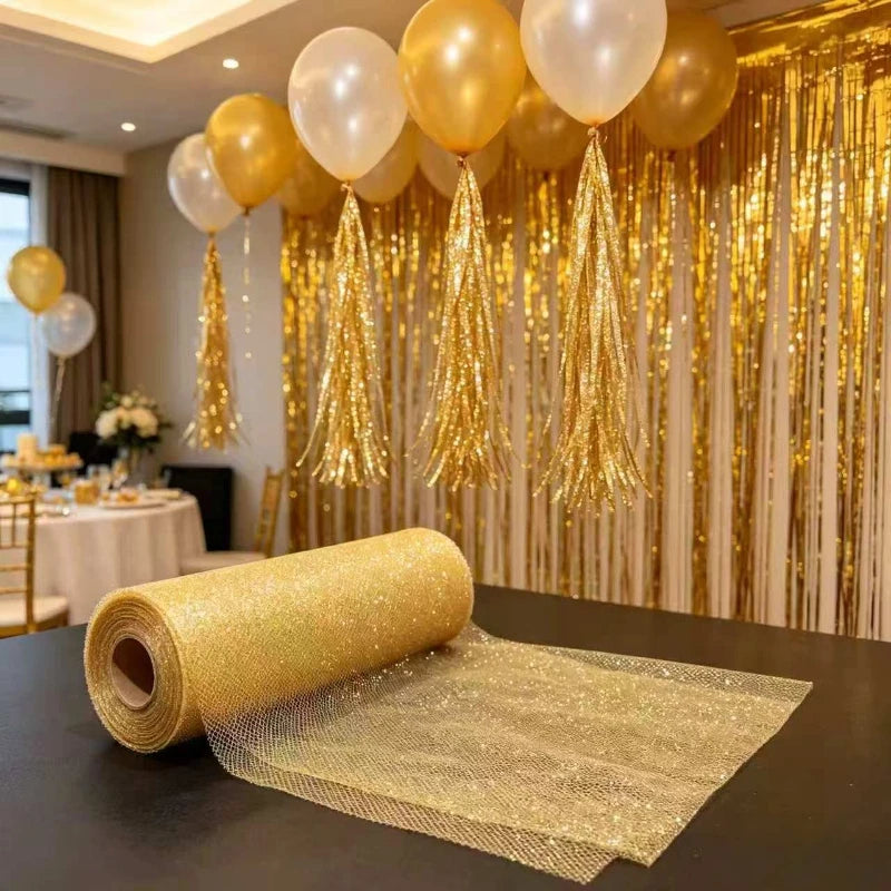 Gold Glitter Tulle Roll – 6" x 25 Yds Shimmer Mesh Ribbon Craft Fabric Ribbon Axl