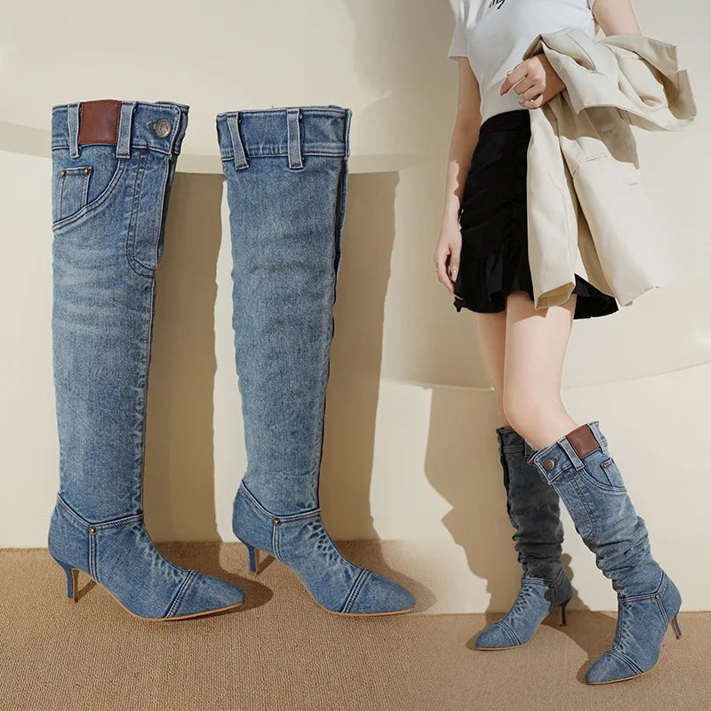 Women's Pointed Toe Knee-High Boots | Retro Slim Heel Slip-On Knee-High Boots Axl
