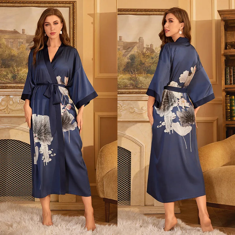 Women's Floral Satin Kimono Robe – Lace-Up Silk Bathrobe