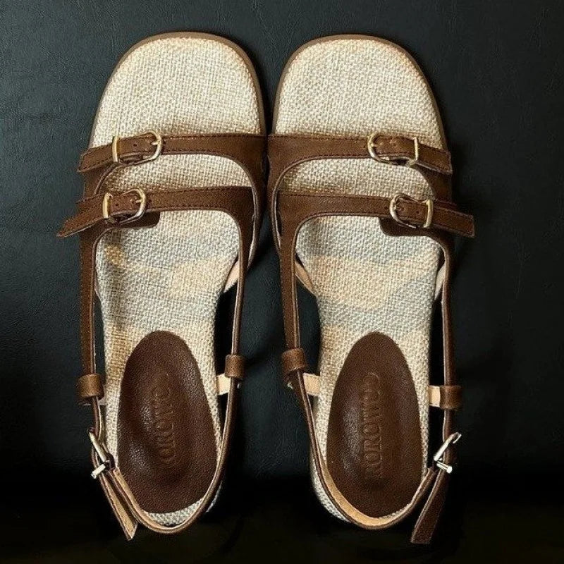 Women's Retro Square Toe Buckle Sandals – Roman Beach Flats Women's Flat Sandals Axl