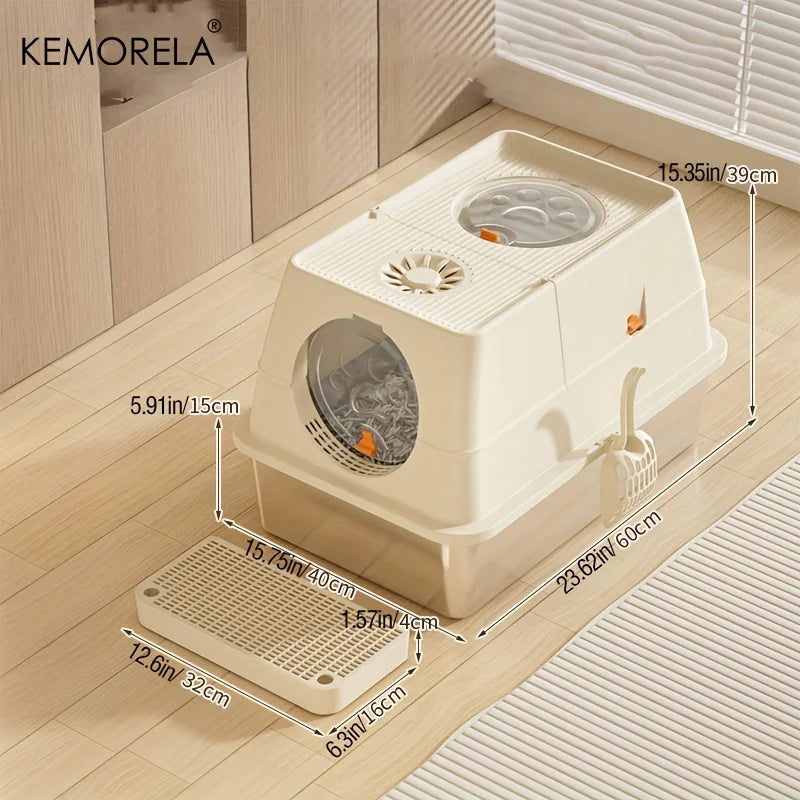 KEMORELA XL Stainless Steel Cat Litter Box – High-Sided + Scoop Cat Litter Box Axl Beige XL