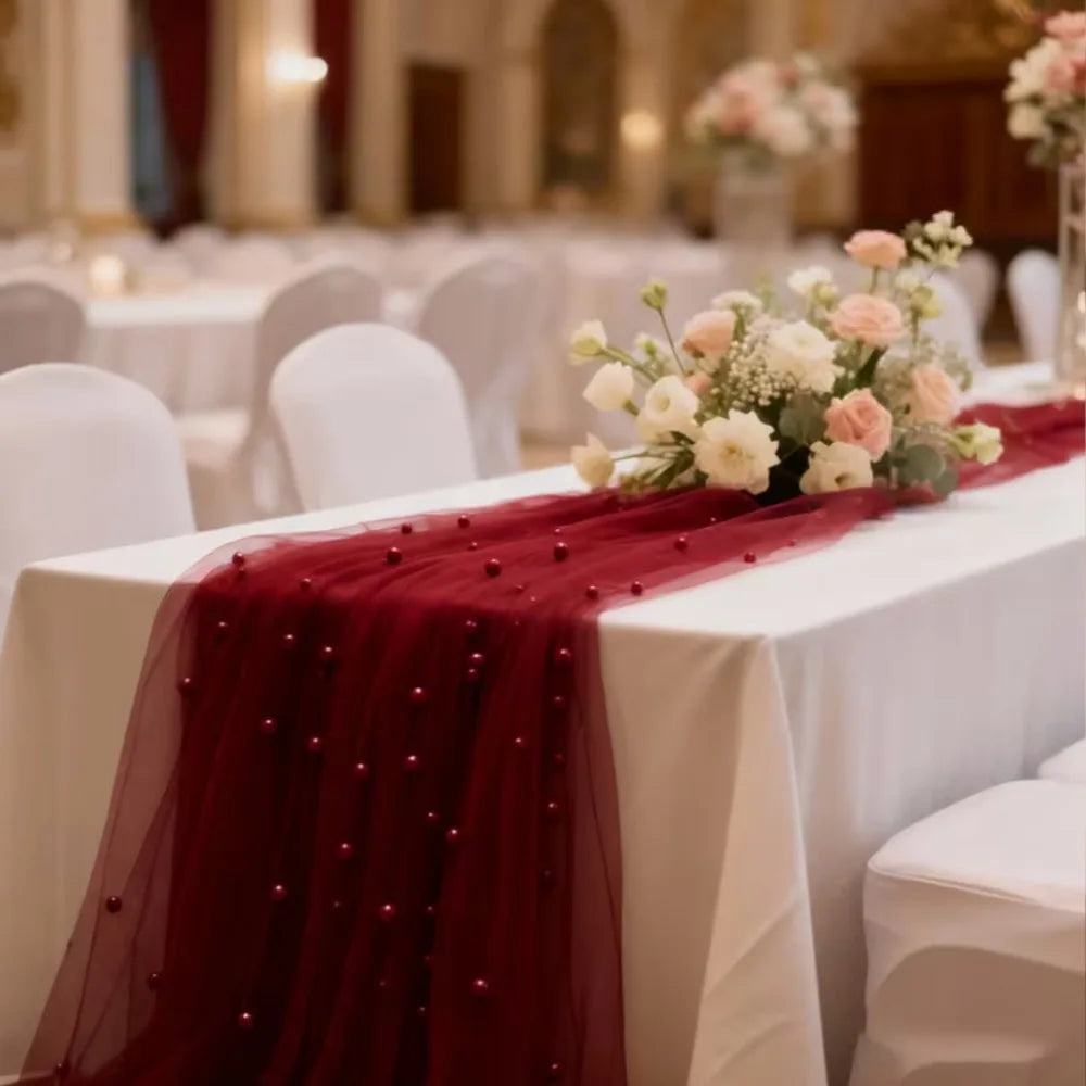 Pearl Tulle Table Runner – Sheer Mesh Gauze Drape 0.75×3M Tulle Table Runner Axl Wine Red
