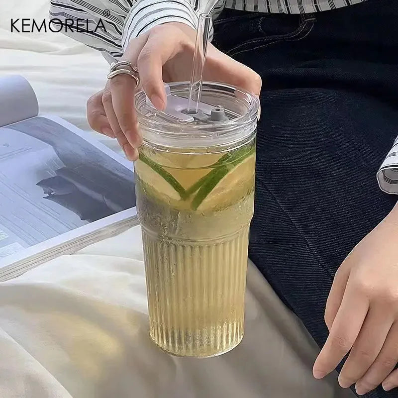 KEMORELA 600ml Stripe Glass Cup with Lid & Straw | 1-2 Pack Glass Tumbler Set Axl