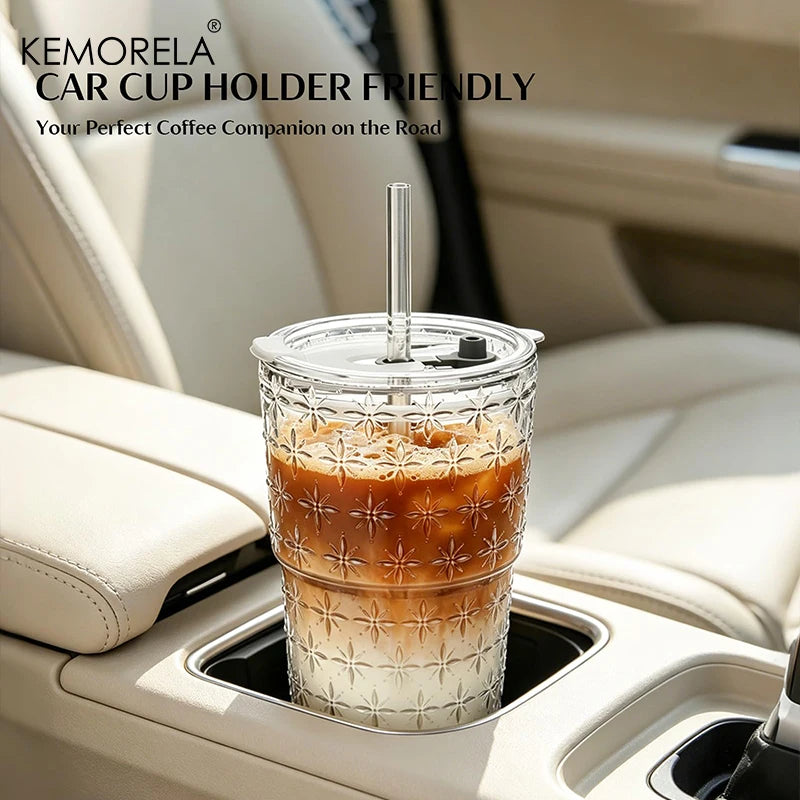 Sparkling Star Glass Coffee Cup 590ml – Lid & Straw Included Glass Drinkware Set Axl