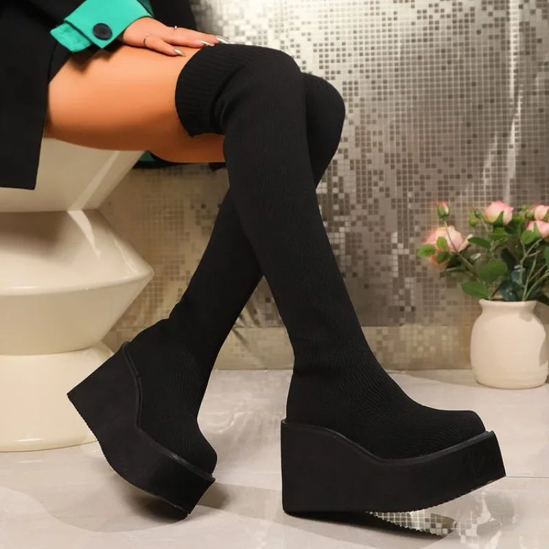 Women's Over-the-Knee Stretch Sock Boots | Wedge Heel Over-the-Knee Boots Axl