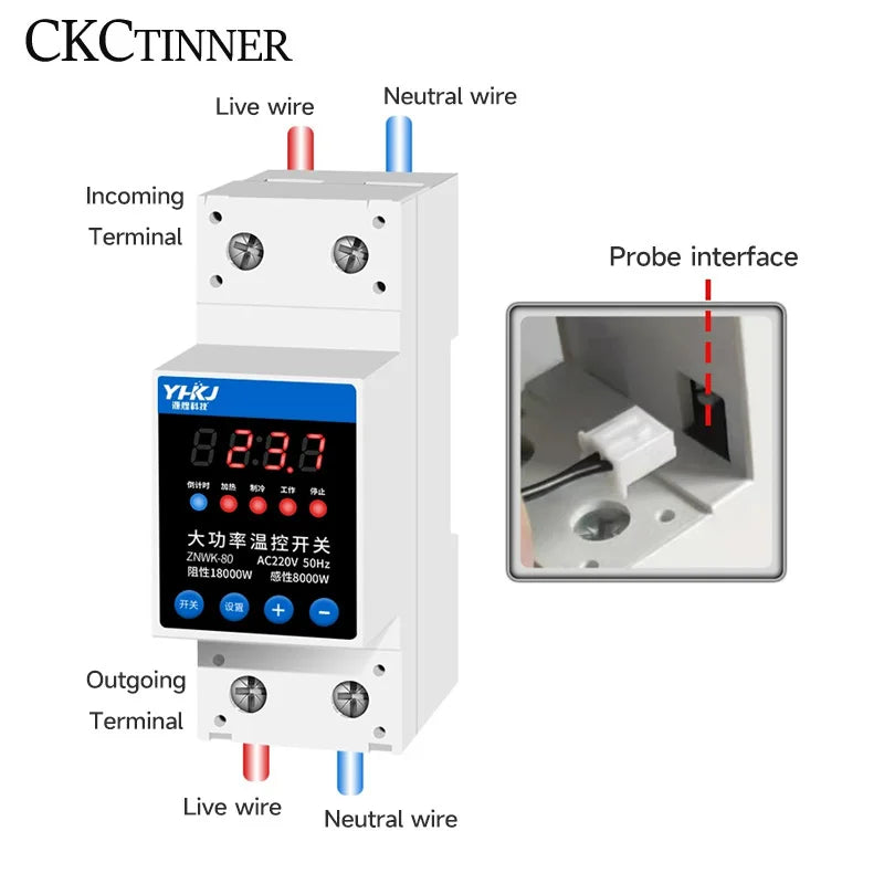CKCTINNER 80A DIN Rail Temperature Control Switch AC 220V NTC Temperature Control Switch Axl