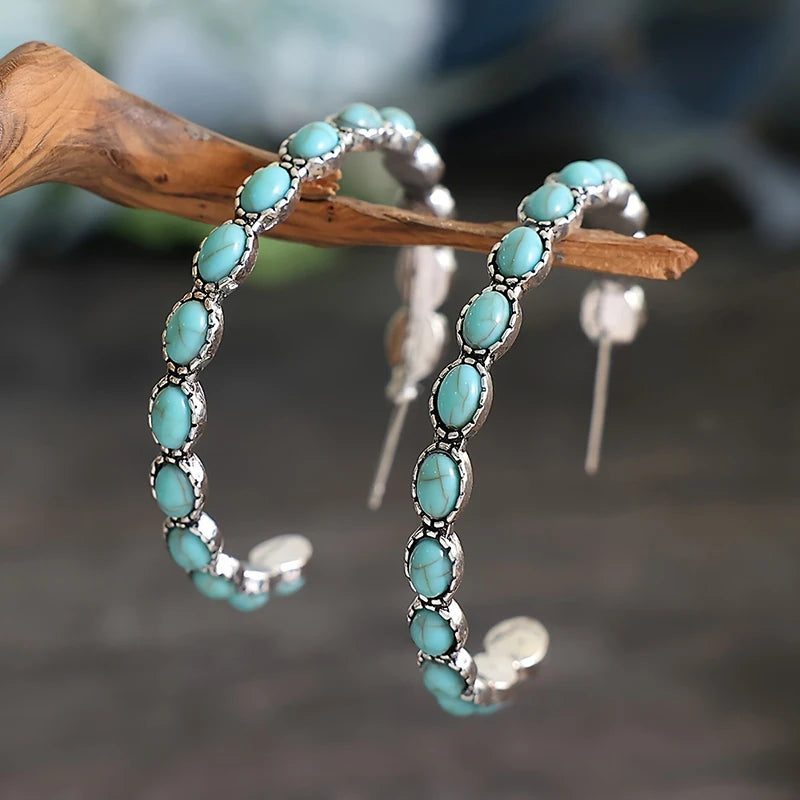 Huitan Large Hoop Earrings Imitation Turquoise | Vintage Style Hoop Earrings Axl
