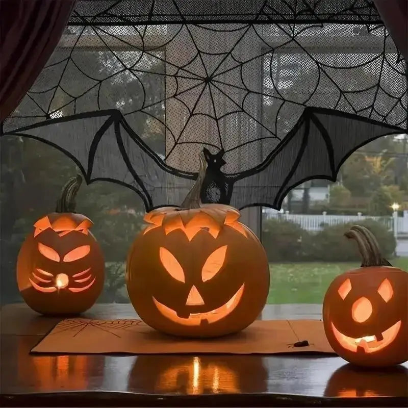 Gothic Bat Lace Curtain – Halloween Cobweb Tablecloth & Runner Halloween Lace Curtain Axl