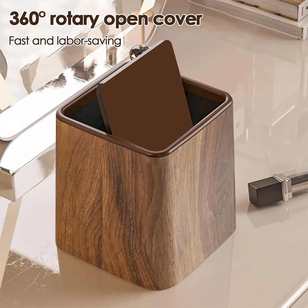 Desktop Trash Can with Lid – Retro Wood Grain Desk Bin Desktop Trash Can Axl
