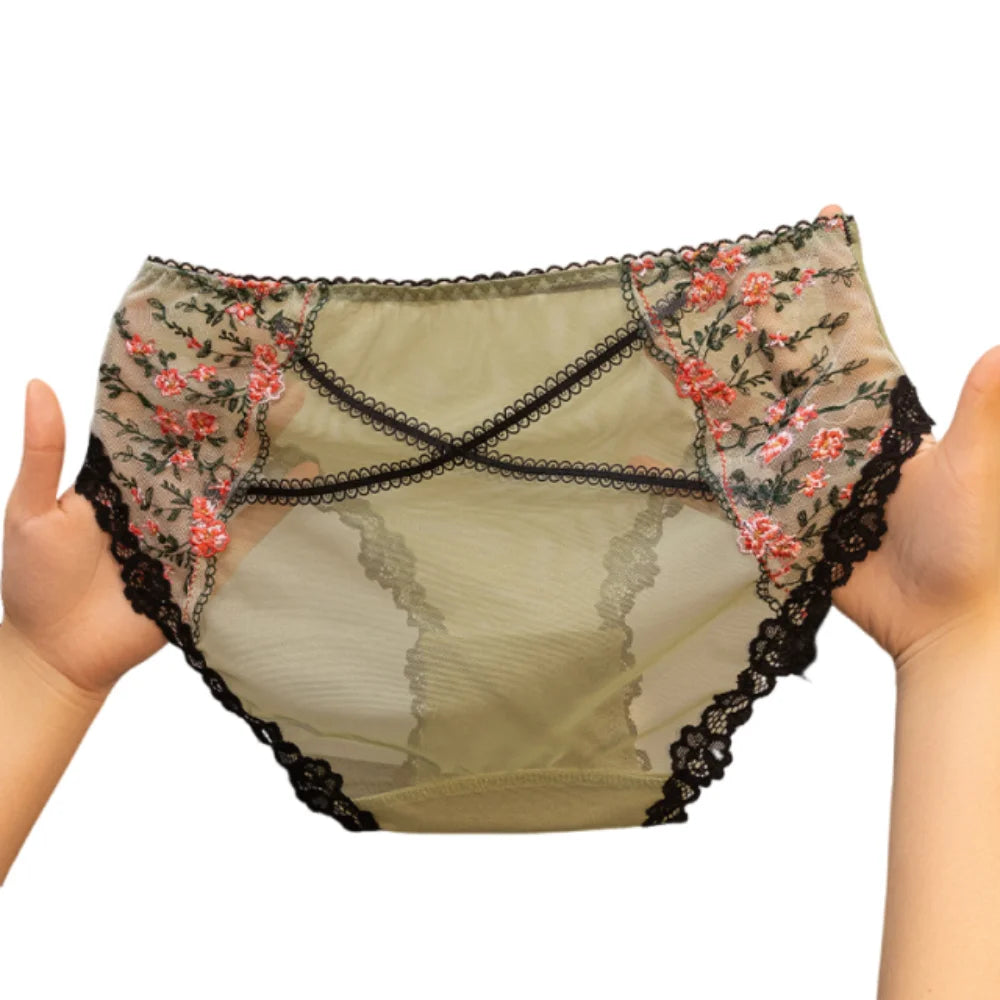 Women's Floral Lace Briefs – Breathable Mesh Embroidery Panties Lace Briefs Axl Green XXXS 1pc