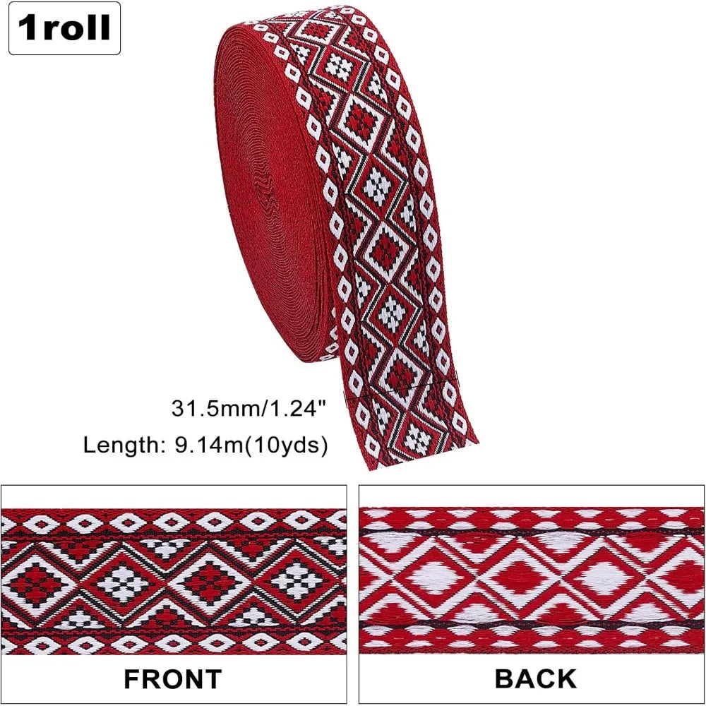 Ethnic Jacquard Ribbon Dark Red Floral 1-1/4" Wide – 10 Yards Jacquard Craft Ribbon Axl