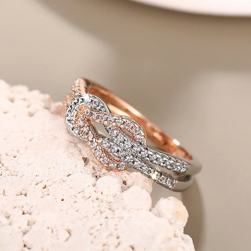 Huitan Two-Tone Twisty Knot CZ Ring – Women's Wedding Band Fashion Ring Axl