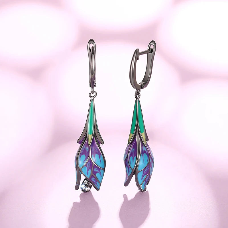 Huitan Black Tulip Flower Dangle Earrings | Women's Jewelry Dangle Drop Earrings Axl E3571