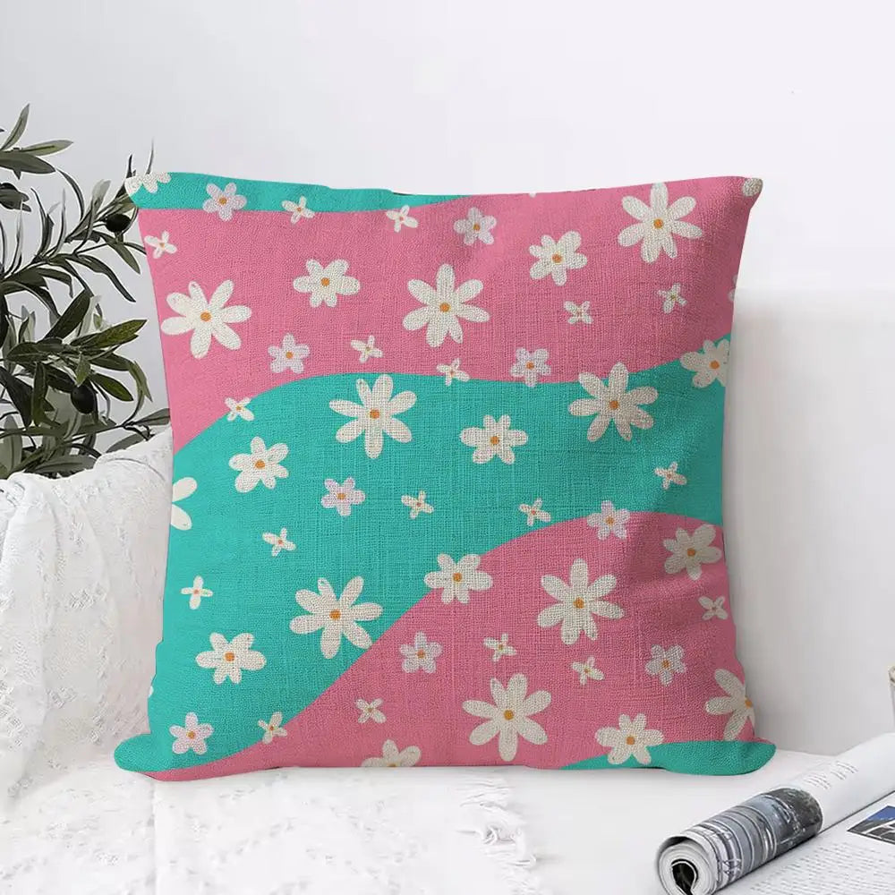 Colorful Daisies Linen Cushion Cover with Hidden Zipper Decorative Cushion Cover Axl White5 35X35cm