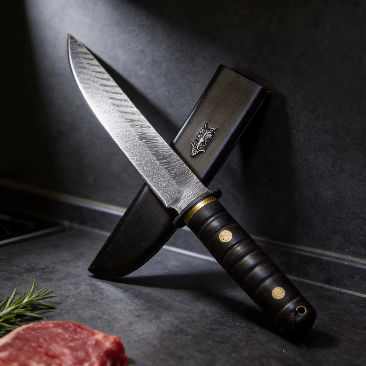 Damascus Steel Kitchen Knife – 62HRC, Ebony Handle & Sheath Damascus Kitchen Knife Axl