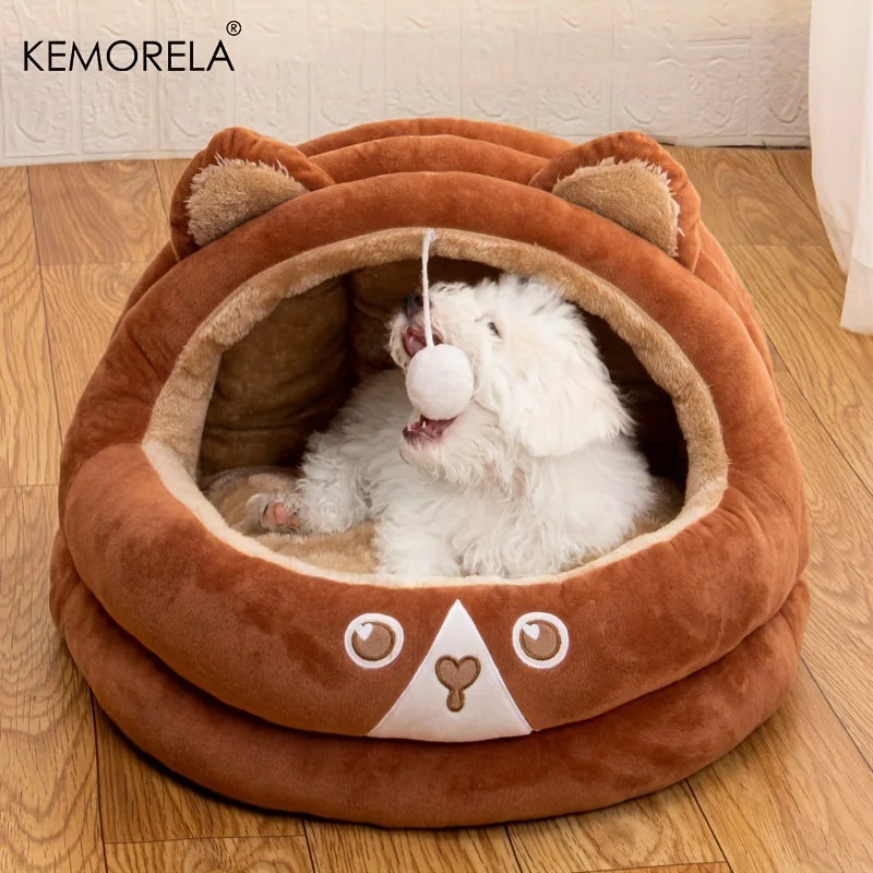 KEMORELA Bear Shape Semi-Enclosed Cat & Dog Bed – Warm Plush Pet Bed Axl Brown L