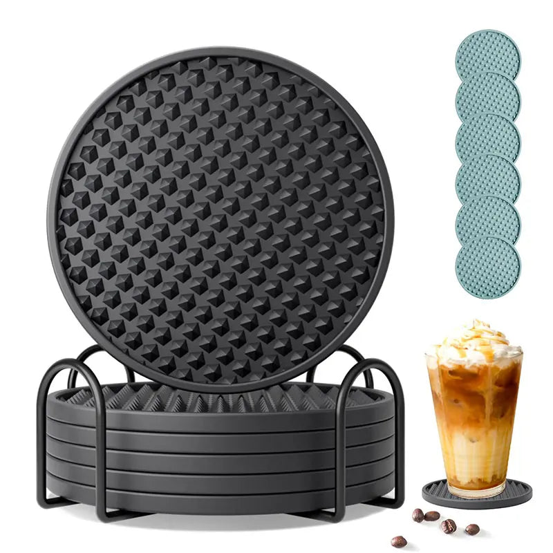 Silicone Drink Coasters Set of 6 with Holder | Dishwasher Safe Drink Coaster Set Axl
