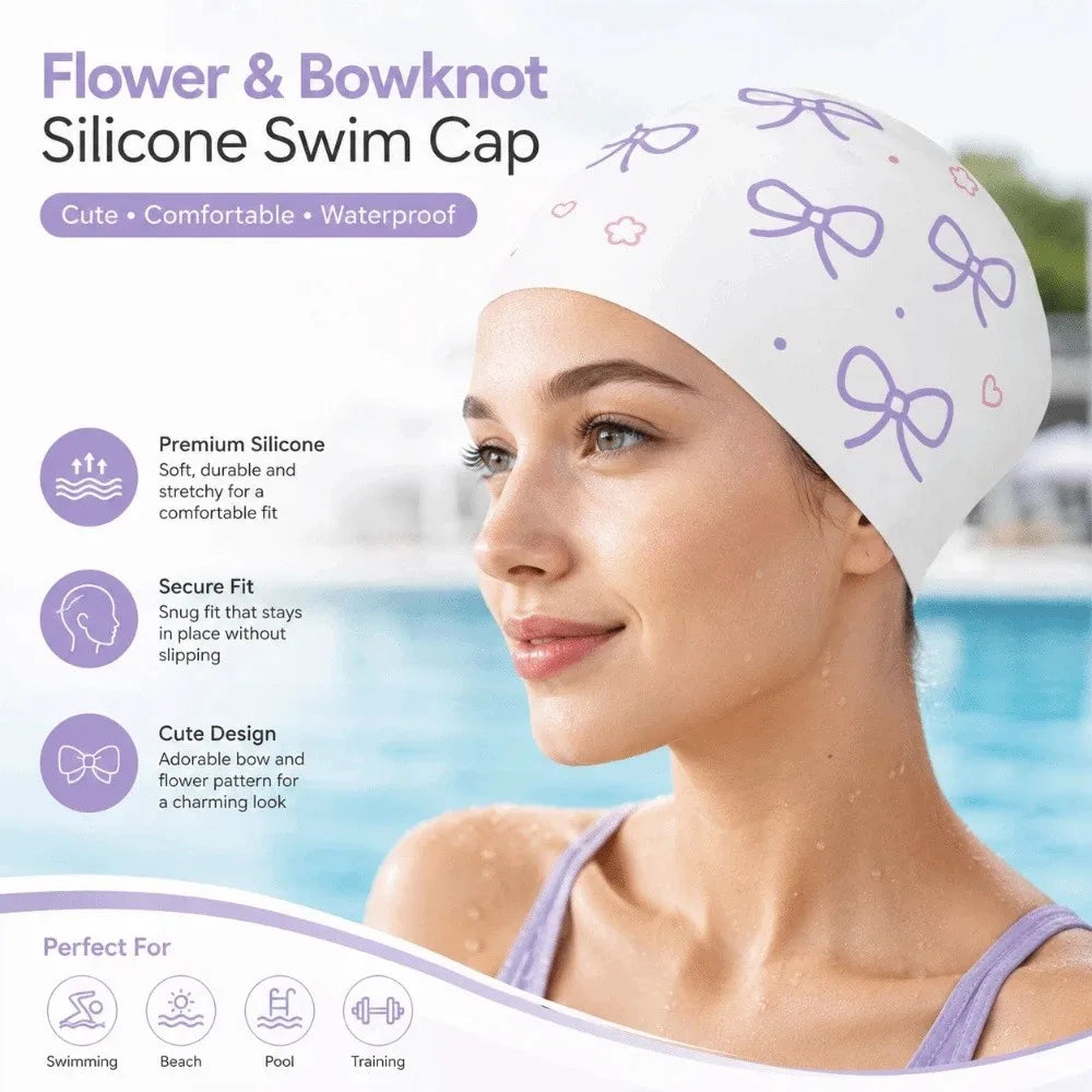 Bow Print Silicone Swim Cap – Oversized Watertight Swimming Hat Silicone Swim Cap Axl