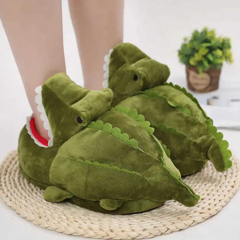 Women's Fuzzy Crocodile Plush Slippers | Slip-On Loafers Sz 5–10 Novelty Plush Slippers Axl Green alligator 5.5