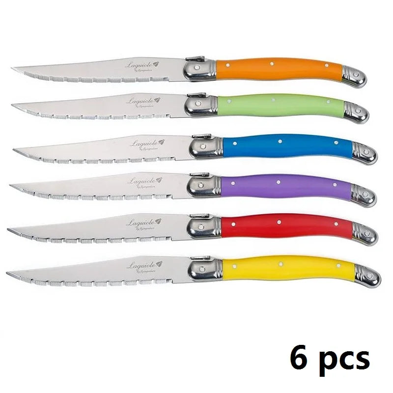 Laguiole-Style Steak Knife Set 6–8 Pcs | Colorful Flatware Steak Knife Set Axl 6pcs rainbow knife