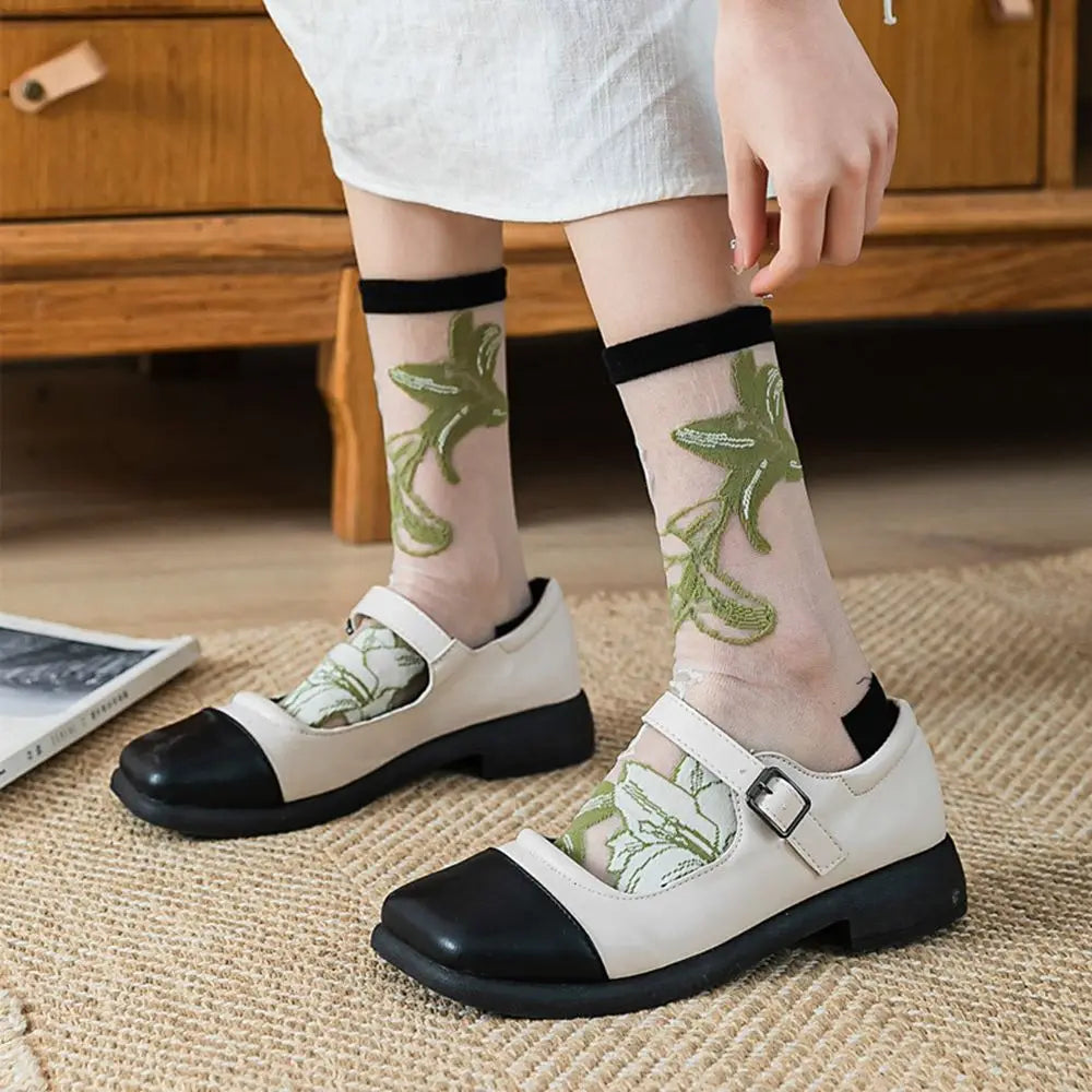 Korean Floral Mesh Tube Socks – Sheer Embroidery Women's Socks Floral Mesh Socks Axl