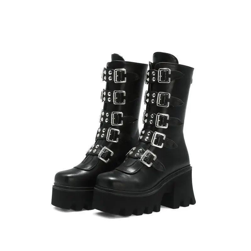 Women's Gothic Punk Knee-High Boots | Buckle PU Leather Knee-High Boots Axl Black 39