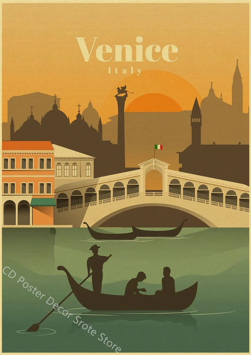 World Cities Retro Travel Poster – Rome Paris Sydney Dubai Art