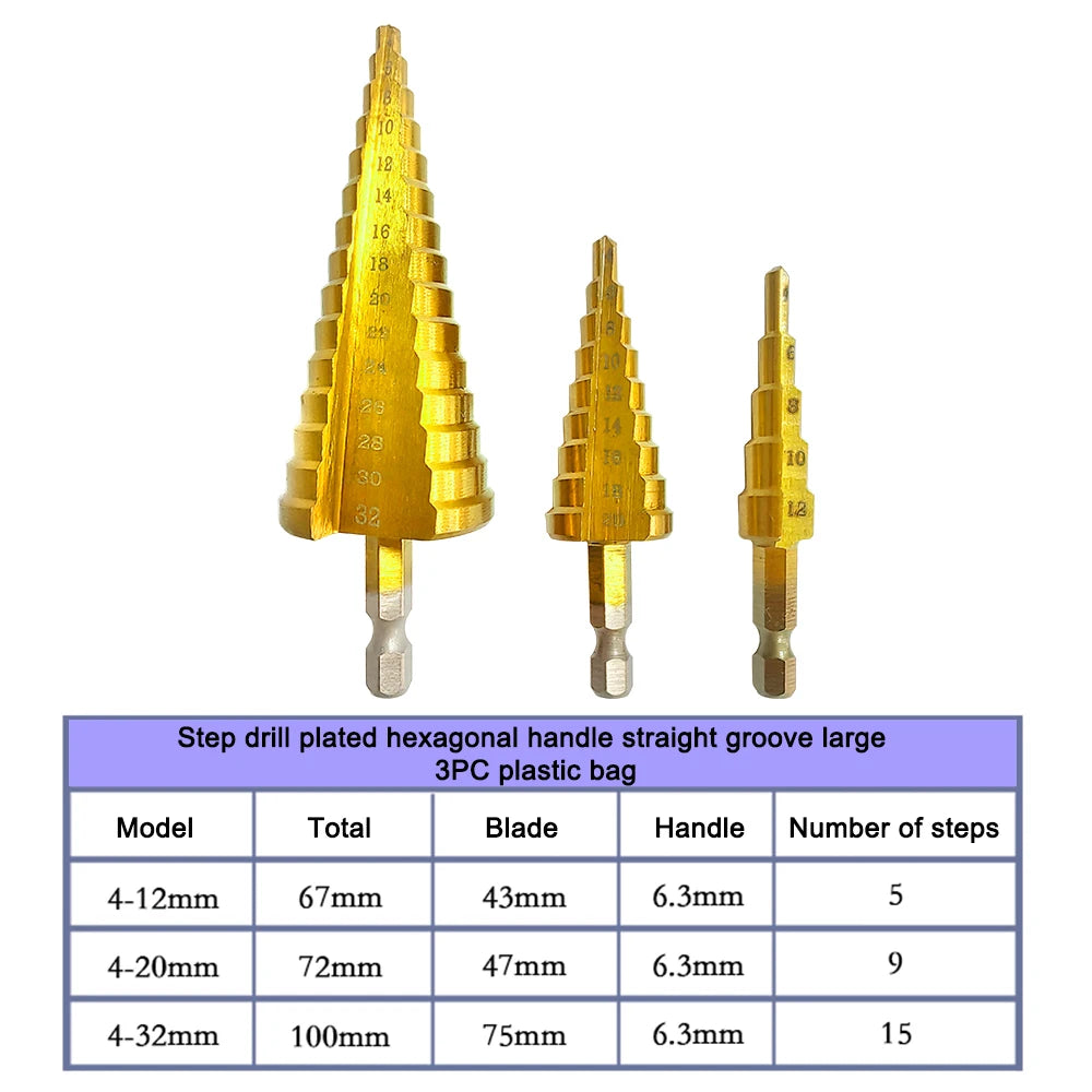 3-Piece Titanium Step Drill Bit Set – 4-12/4-20/4-32mm Hex Step Drill Bit Set Axl