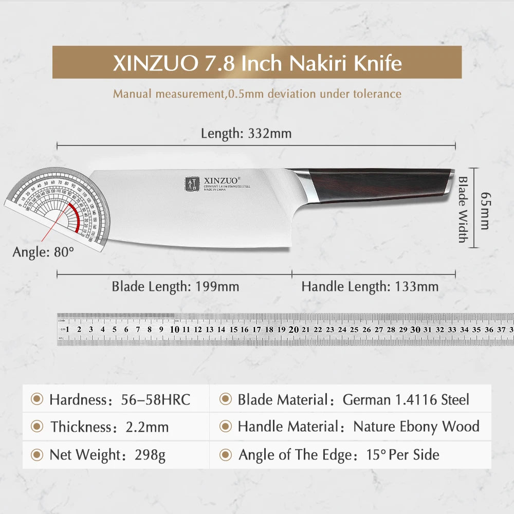 XINZUO 7.8" Nakiri Knife – German Steel & Ebony Wood Handle Nakiri Kitchen Knife Axl