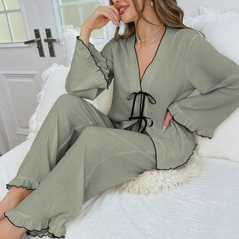 Women's V-Neck Pajama Set – Long Sleeve & Pants Loungewear Women's Pajama Set Axl