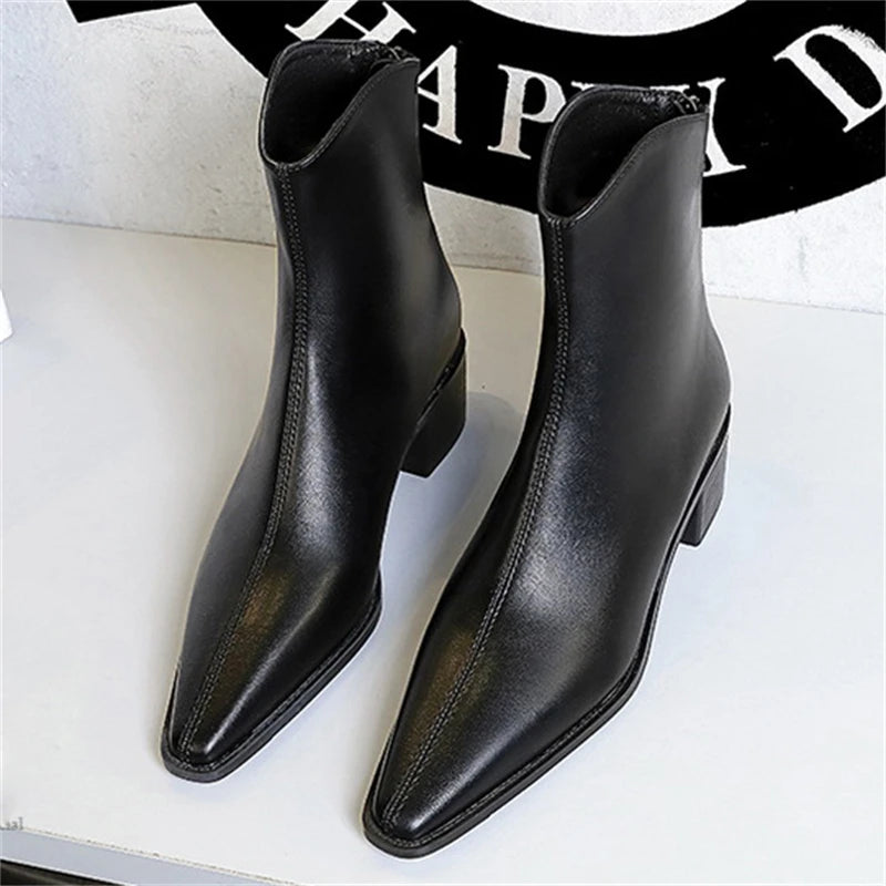 Women's Pointed Toe Ankle Boots – Square Heel Zipper Street Style Ankle Boots Axl Black 35