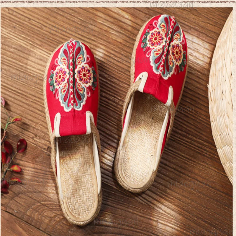 Women's Embroidered Linen Mule Slippers – Flat Ethnic Sandals Mule Slippers Axl red-2 35
