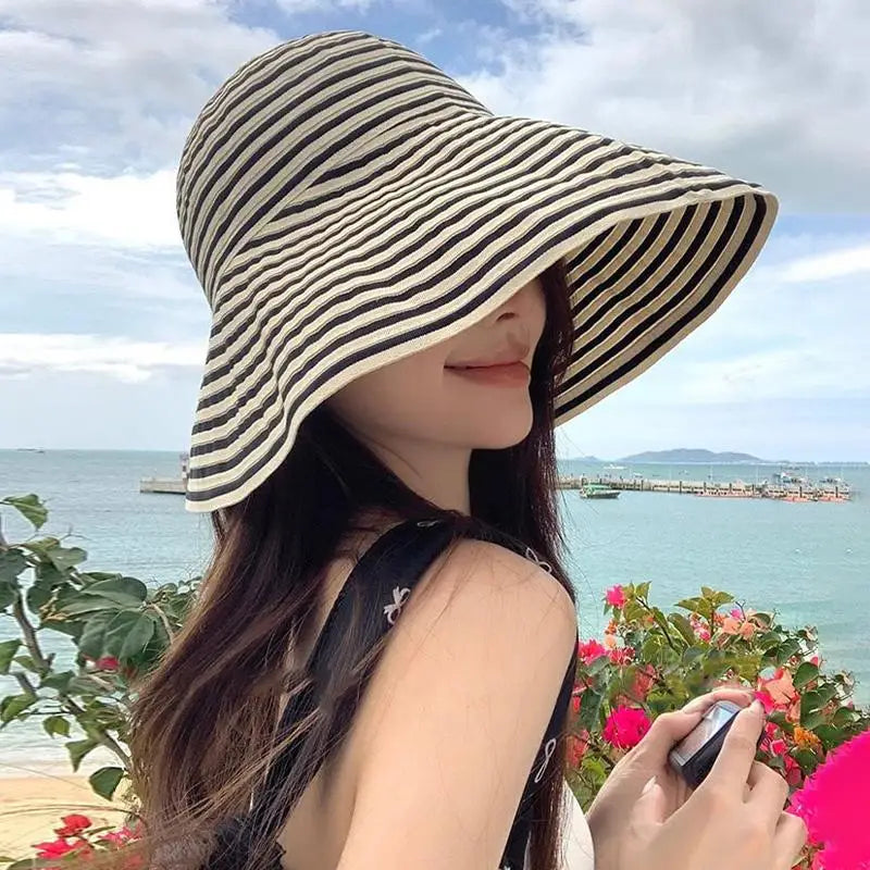 Women's Wide Brim Striped Sun Hat – Lightweight Travel Hat Wide Brim Sun Hat Axl