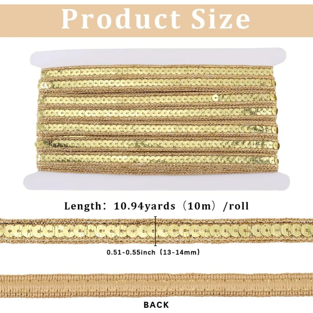 Gold Sequin Ribbon 1/2 Inch – 10.94 Yd Glitter Trim Roll Sequin Craft Ribbon Axl