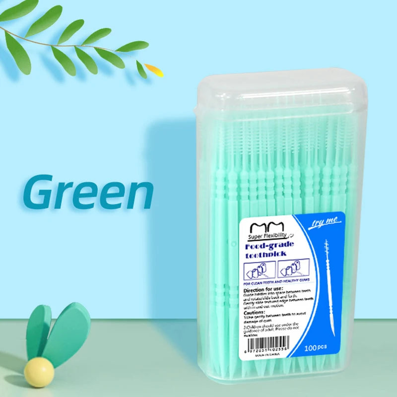 100-Pack Double Head Dental Toothpick Brush & Floss Picks Dental Floss Picks Axl Green