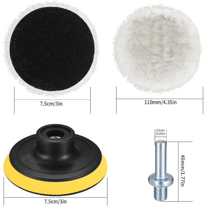 6-Pc 3" Wool Car Polishing Pads Kit with M14 Drill Adapter Car Polishing Pad Kit Axl