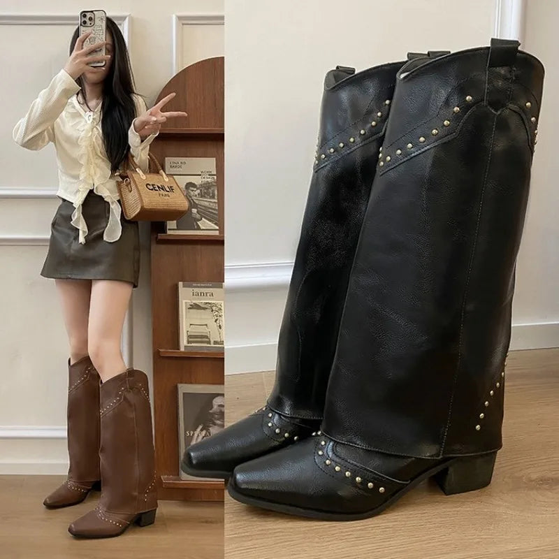 Women's Western Cowgirl Boots – Slip-On Square Heel Knee-High Western Cowgirl Boots Axl