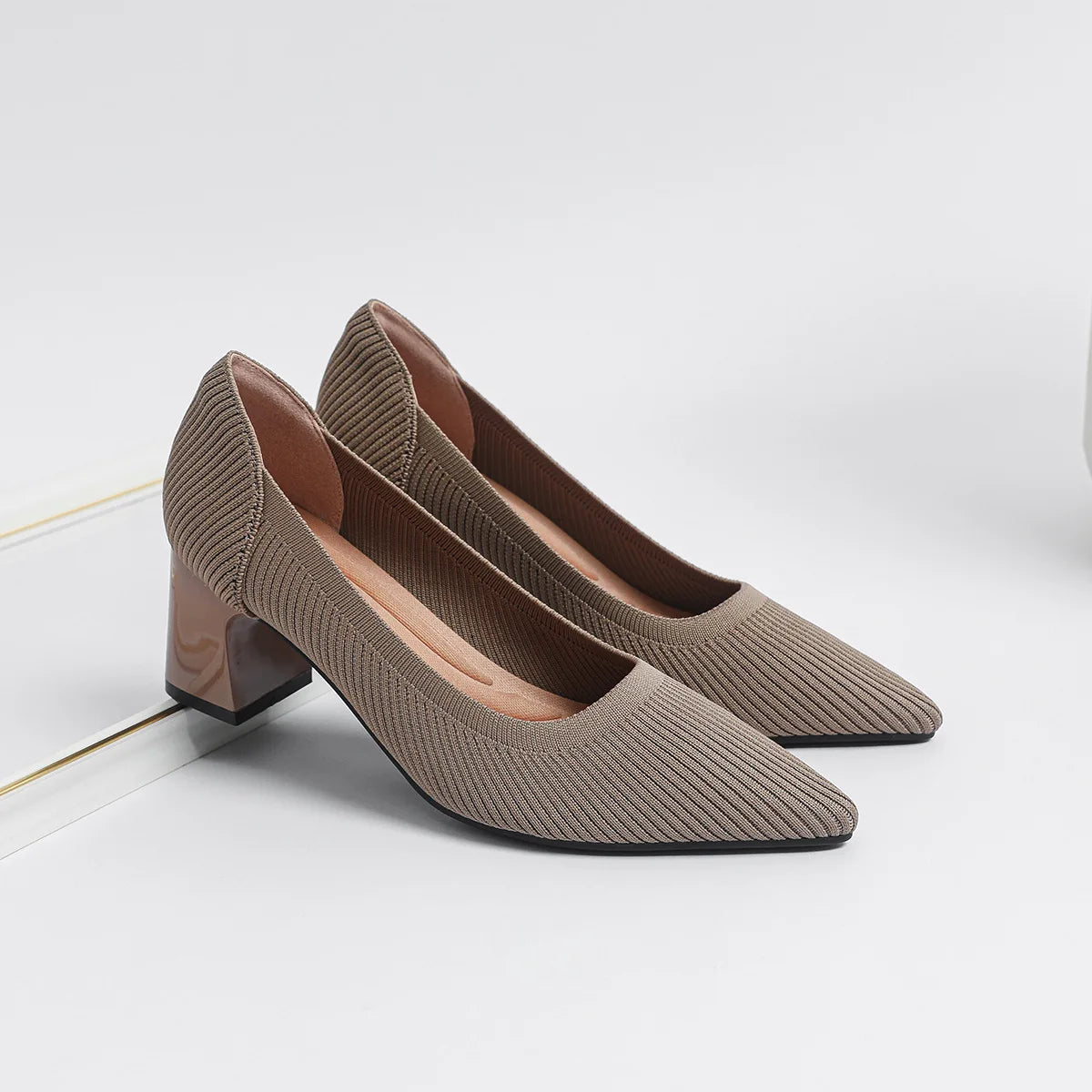 YBQJOO Women's Pointed Toe Block Heel Pumps – Knit Work Shoes High Heel Pumps Axl Khaki 43