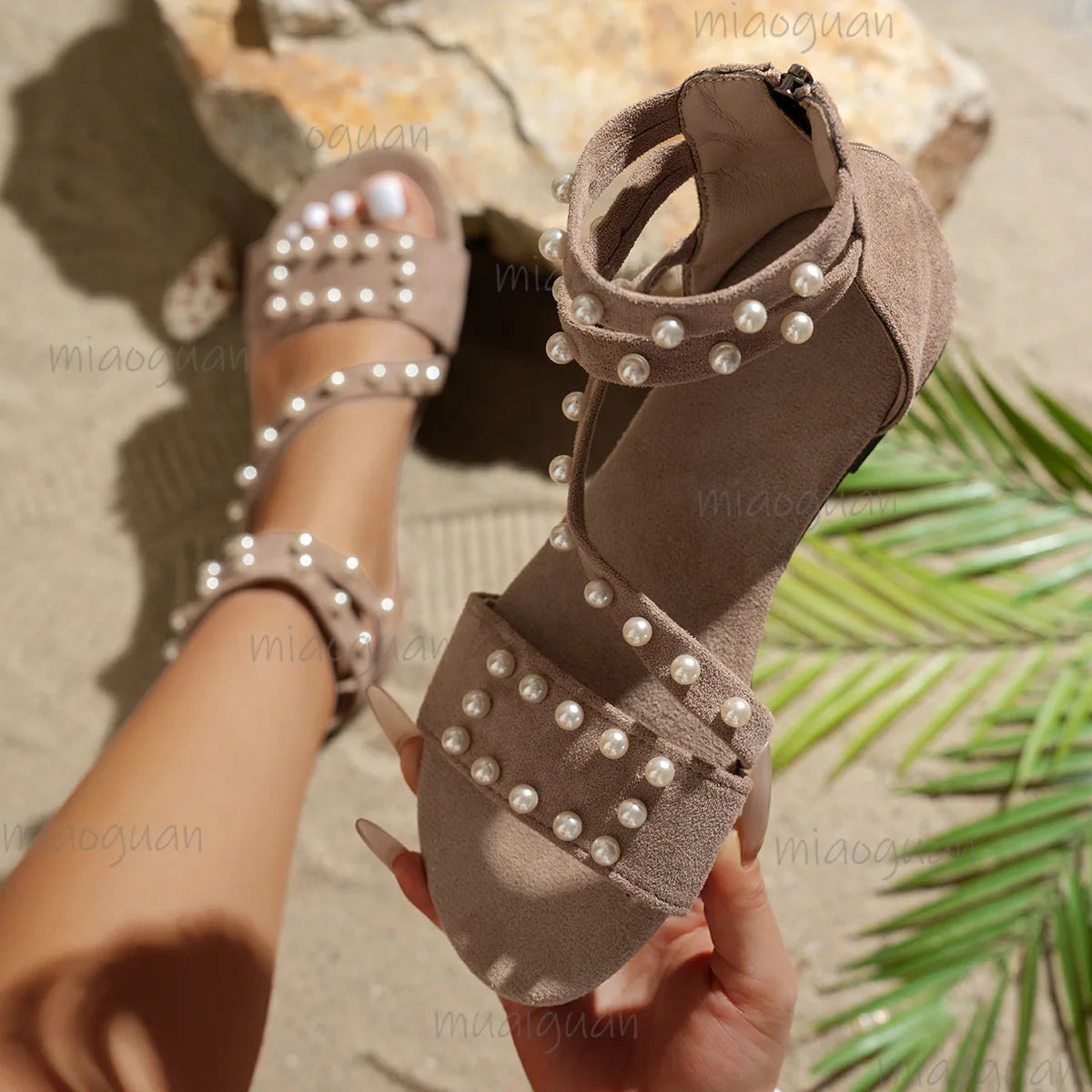 Roma Pearl Flat Sandals – Women's Crystal Zip Slingback Shoes Flat Sandals Axl