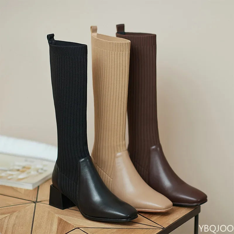 Women's Knee-High Sock Boots | Square Toe Block Heel Knee-High Sock Boots Axl