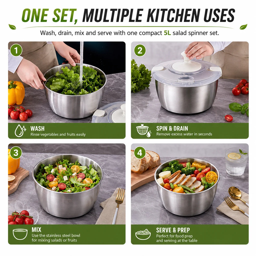 Large 5L Salad Spinner – Hand Crank Lettuce & Veggie Dryer Salad Spinner Axl