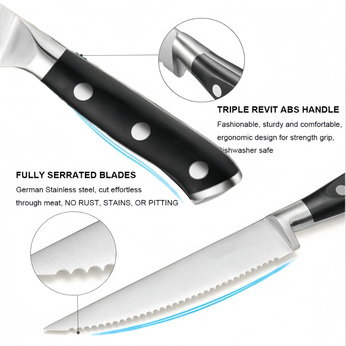 Serrated Steak Knife Set – Stainless Steel ABS Handle 1-6 Pc Steak Knife Set Axl