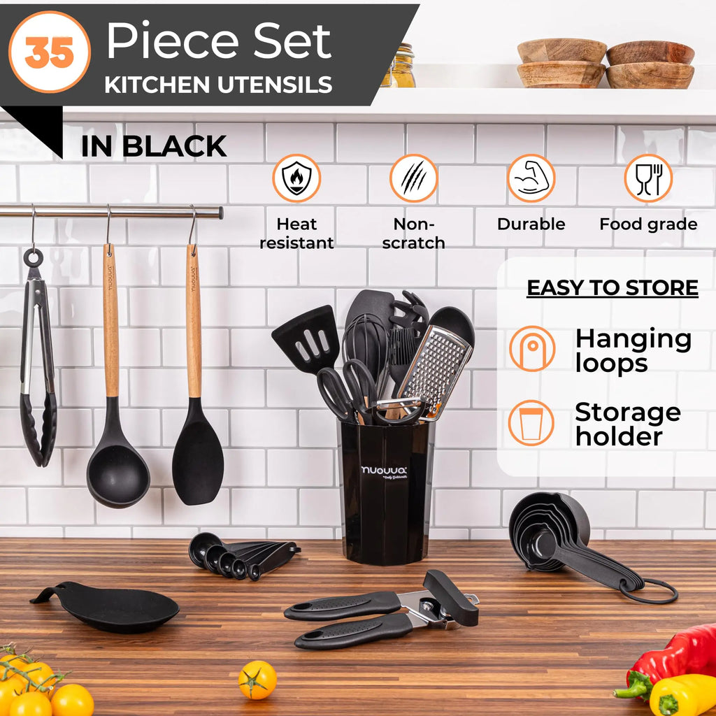 35-Piece Silicone Kitchen Utensil Set – Wooden Handle Cookware Silicone Utensil Set Axl